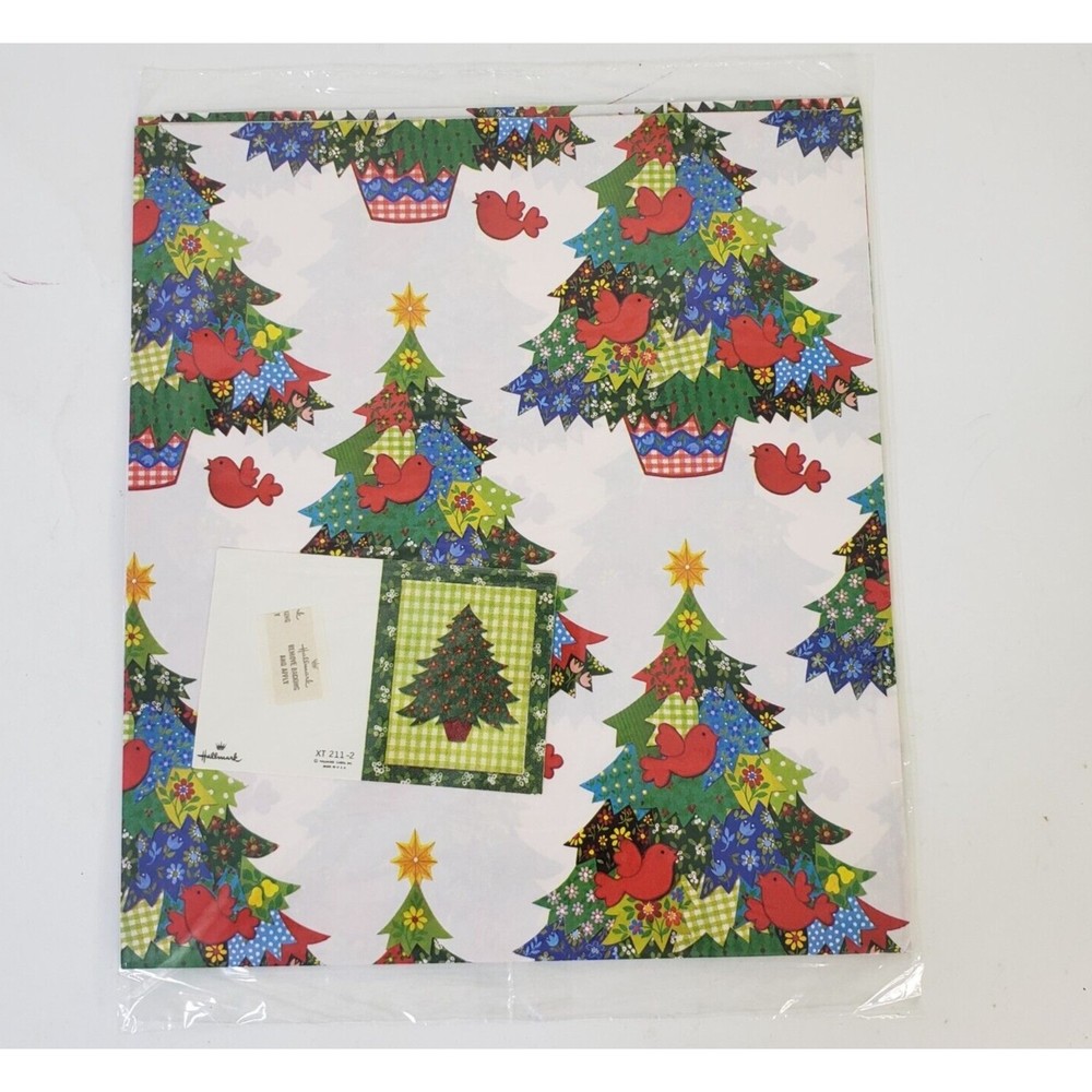 New NOS Vintage Hallmark Christmas Wrapping Paper 2 Sheets w/Card Patchwork Tree